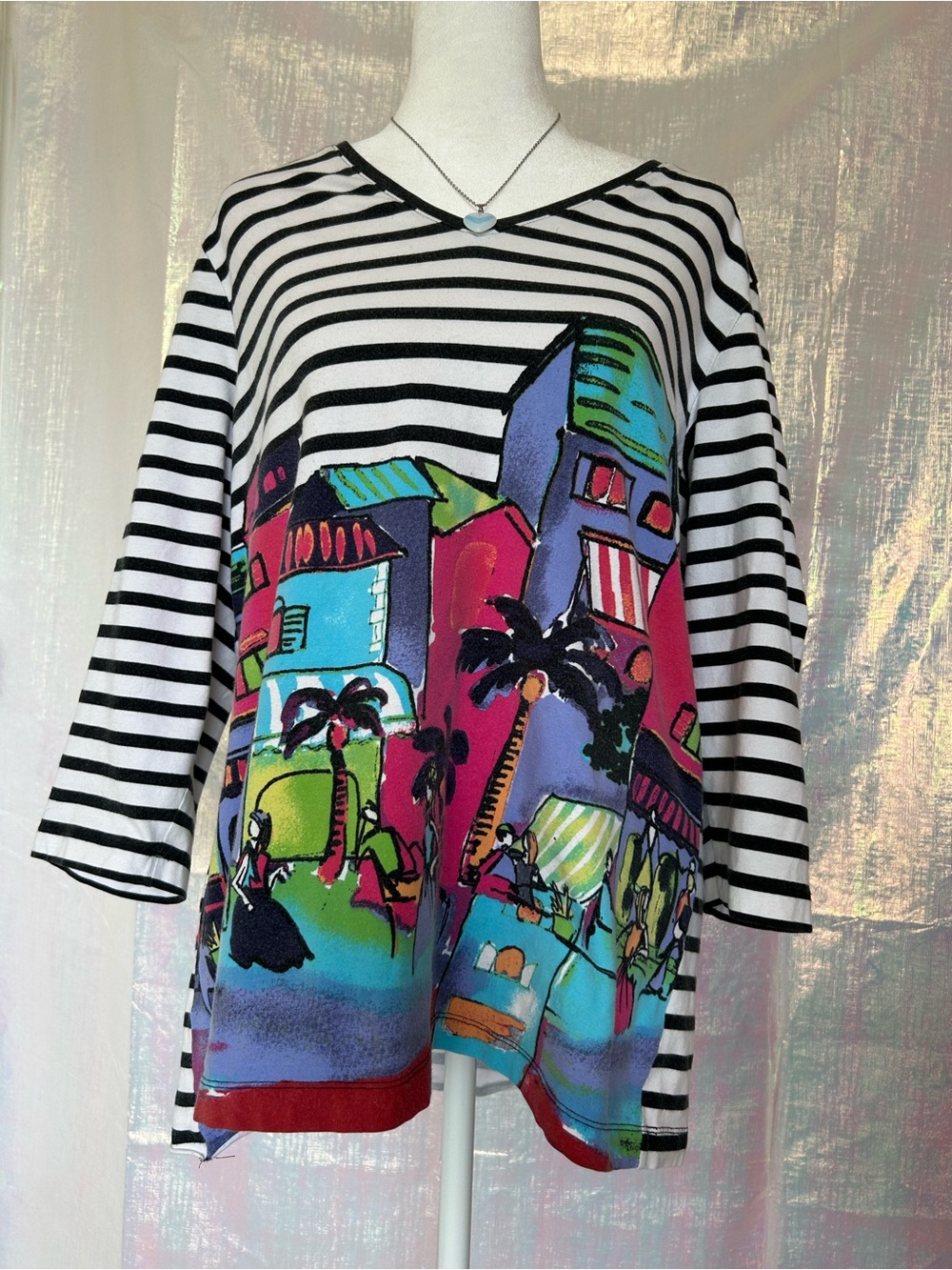 Chico's Additions Multicolor Floral Lined Top with Fun Cityscape Print. Size 3.